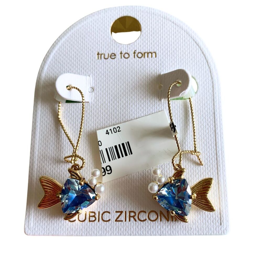 Gold Tone Blue Cubic Zirconia Fish Hook Dangle Earrings New with Tag - Picture 3 of 7